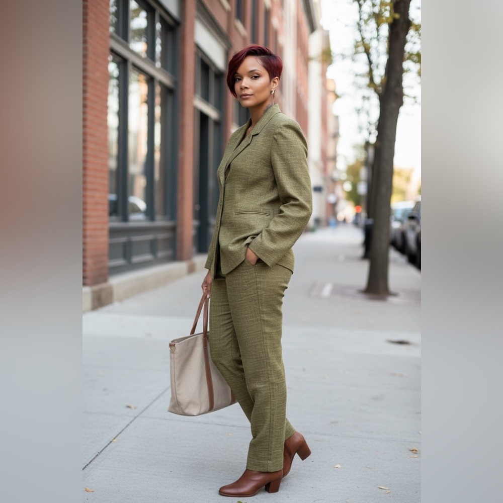 Ellen Tracy Olive Green Suit Set made from Linen fabric.